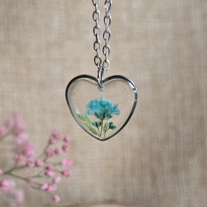 Serce serduszko Srebrna zawieszka srebrny wisiorek naszyjnik żywica z żywicy kwiaty z kwiatami retro naturalna dziewczęca kobieca niebieska