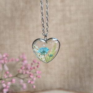Serce serduszko paproć Srebrna zawieszka srebrny wisiorek naszyjnik żywica z żywicy kwiaty z kwiatami retro naturalna dziewczęca kobieca niebieska