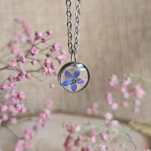Niezapominajki srebrna zawieszka srebrny wisiorek naszyjnik żywica z żywicy kwiaty z kwiatami retro naturalna dziewczęca kobieca niezapominajkami