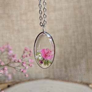 Srebrna zawieszka srebrny wisiorek naszyjnik żywica z żywicy kwiaty z kwiatami jajowata retro naturalna dziewczęca kobieca bukiet kwiatowy różowy
