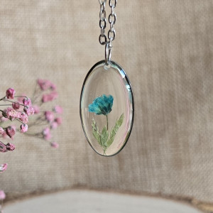 Srebrna zawieszka srebrny wisiorek naszyjnik żywica z żywicy kwiaty z kwiatami jajowata retro naturalna dziewczęca kobieca niebieska gipsówka