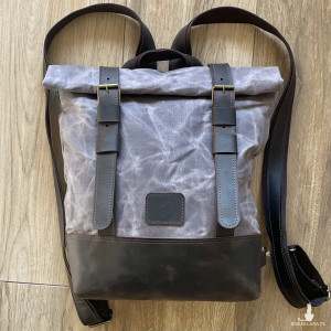 Szaro brązowy plecak z bawełny woskowanej i skóry w stylu Vintage.