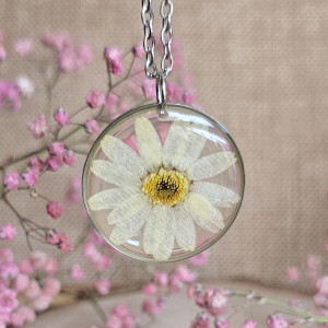 Wieczne kwiaty srebrna zawieszka srebrny wisiorek naszyjnik żywica z żywicy kwiaty z kwiatami jajowata naturalna dziewczęca kobieca stokrotka