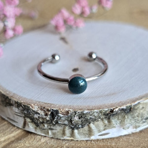 Srebrny pierścionek regulowany zielony brokatowy zielone oczko żywica butelkowa zieleń