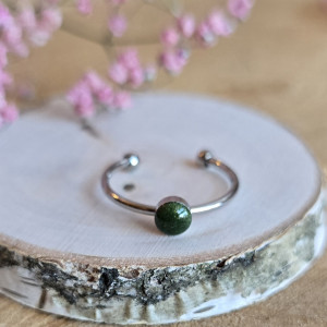 Srebrny pierścionek regulowany zielony brokatowy zielone oczko żywica butelkowa zieleń