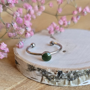 Srebrny pierścionek regulowany zielony brokatowy zielone oczko żywica butelkowa zieleń