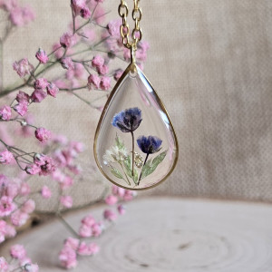 Wieczne kwiaty złota zawieszka złoty wisiorek kwiat naszyjnik żywica z żywicy kwiaty łezka łza kropelka gipsówka niebieska