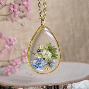 Wieczne kwiaty złota zawieszka złoty wisiorek kwiat naszyjnik żywica z żywicy kwiaty łezka łza kropelka gipsówka niebieska