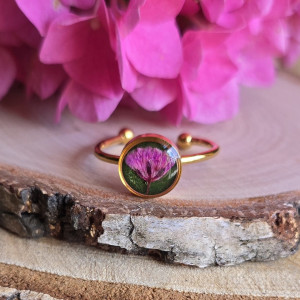 Złoty pierścionek regulowany kwiaty z kwiatami kwiatem duży zielony różowa gipsówka