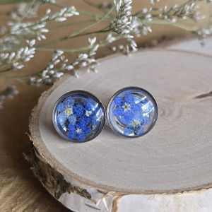 Srebrne kolczyki z kwiatami wkręty sztyfty z żywicy żywica epoksydowa z suszonymi prawdziwymi kwiatami niezapominajki