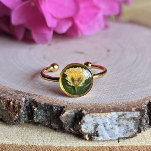 Złoty pierścionek regulowany kwiaty z kwiatami kwiatem duży zielony żółty gipsówka