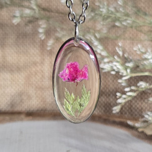 Srebrna zawieszka srebrny wisiorek naszyjnik żywica z żywicy kwiaty z kwiatami jajowata retro naturalna dziewczęca kobieca gipsówka