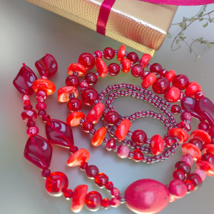 Naszyjnik Czerwone Korale Długie Koral Koralowiec Perły 25.159