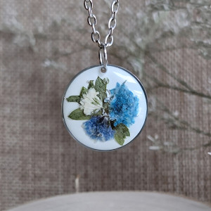 Srebrna zawieszka srebrny wisiorek naszyjnik żywica z żywicy kwiaty z kwiatami retro naturalna dziewczęca kobieca niebieskie