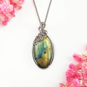 Naszyjnik Labradoryt Owal stal chirurgiczna wisiorek handmade wirewrapping