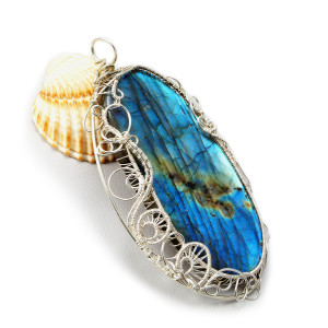 Niebieski Labradoryt, Srebrny duży wisior z Labradorytem, ręcznie wykonany, prezent dla niej, prezent dla mamy, prezent urodzinowy,