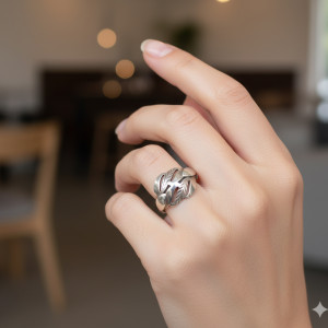 57 Delikatny Pierścionek Srebrny Próba S900 – Ażurowy Motyw Liścia – Vintage – Rozmiar 12