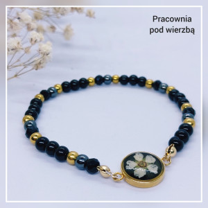 Bransoletka ochronna kamienie naturalne hematyt obsydian czarny agat, oczko z kwiatem tawuły