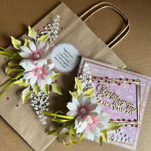 340,kartka z okazji przejścia na emeryturę w pudełku i torbką