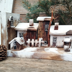Dekoracja, podpórka do książek - Wioska śniegiem zasypana