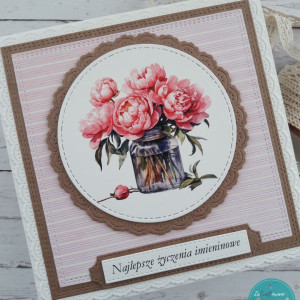 Kartka imieninowa z piwoniami w słoiku