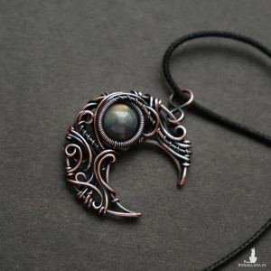 Wisiorek miedziany księżyc lunula labradoryt wire wrapping