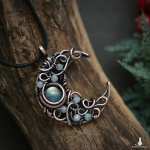 Wisiorek miedziany księżyc lunula labradoryt i akwamaryny wire wrapping