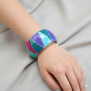 6648 Szeroka Bransoletka Bangle Ręcznie Malowana, Wzór Geometryczny, Multikolor (Drewno)