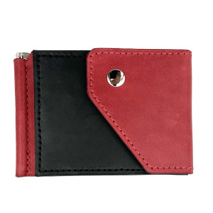 Czerwono-czarny portfel na klips skórzany ręcznie uszyty.