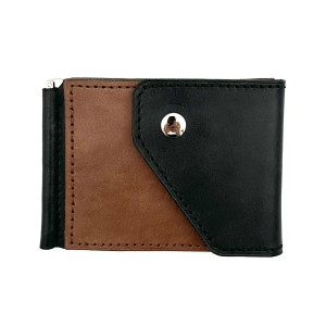 Czarno-brązowy portfel na klips skórzany ręcznie uszyty.