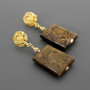 Wiktoriańskie Kolczyki Retro z Bronzytami, srebro 925 pozłacane, kolekcja Przeminęło z Wiatrem