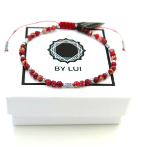 Czerwona Bransoletka Jaspis Cesarski & Srebrny Hematyt Kostka CRIMSON SHIELD