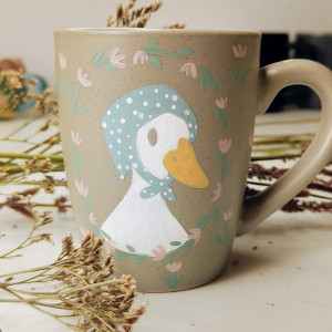 Ręcznie malowany kubek z gąską, wiejski kubek w kwiaty, cottagecore