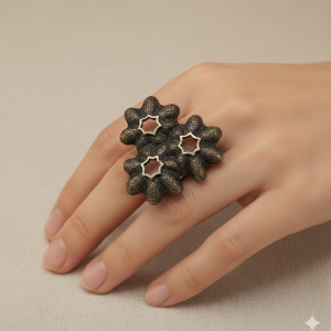 162 Vintage Pierścionek Statement (Regulowany) – Mosiądz, Oryginalny, Duży Wzór z Trzema Kwiatami