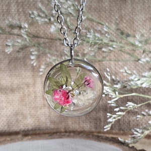 Srebrna zawieszka srebrny wisiorek naszyjnik żywica z żywicy kwiaty z kwiatami retro naturalna dziewczęca kobieca różowa