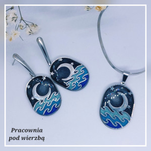 komplet biżuterii ręcznie malowanej księżyc niebo gwiazdy morze stal żywica