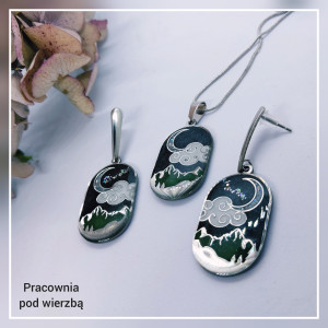 komplet biżuterii ręcznie malowanej księżyc niebo góry noc stal żywica