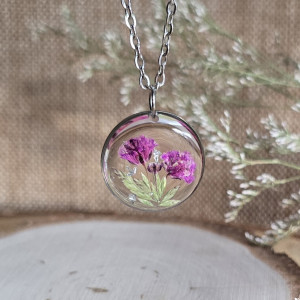 Srebrna zawieszka srebrny wisiorek naszyjnik żywica z żywicy kwiaty z kwiatami retro naturalna dziewczęca kobieca fioletowa