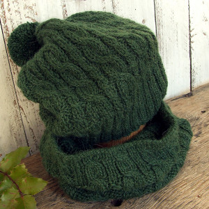 Czapka i komin z Alpaki, butelkowa ciemna zieleń