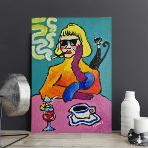 obraz ręcznie malowany  dama, kawa, drink i alibi