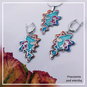 komplet biżuterii ręcznie malowanej kobieta twarz abstrakcjastal żywica