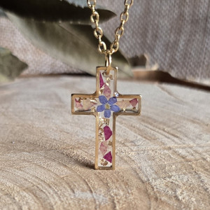 Złota zawieszka złoty wisiorek kwiat naszyjnik żywica z żywicy kwiaty z kwiatami krzyż krzyżyk róża