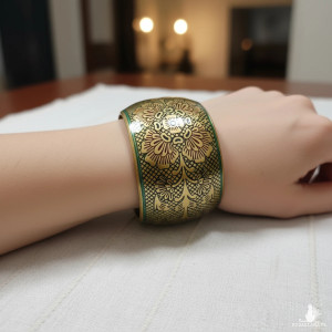 172 Orientalna Elegancja - Masywna Mosiężna Bransoleta vintage Złoto-Zielona, Emaliowana