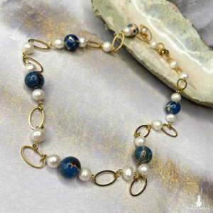 Złocony naszyjnik z jaspisami i perłami c1347