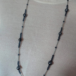 Naszyjnik Korale Perłowe Długi Sznur Pereł Szare Grafitowe Perły