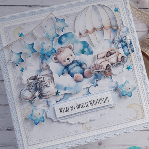 Kartka z okazji narodzin chłopca z misiem, personalizacja