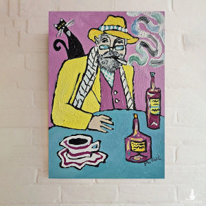 obraz ręcznie malowany portret dziadka wieczór przy niebieskim stole