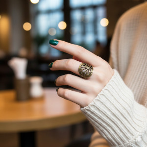 159 Mosiężny Pierścionek Vintage Ażurowy Liść/Wachlarz, Oryginalny Stary Biżuteryjny Unikat, Rozmiar 11/6