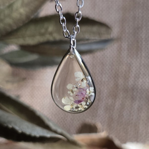 Srebrna zawieszka srebrny wisiorek kwiat naszyjnik żywica z żywicy kwiaty łezka różowa