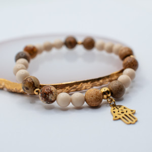 Bransoletka jaspis obrazkowy + kamień rzeczny z ręką Fatimy